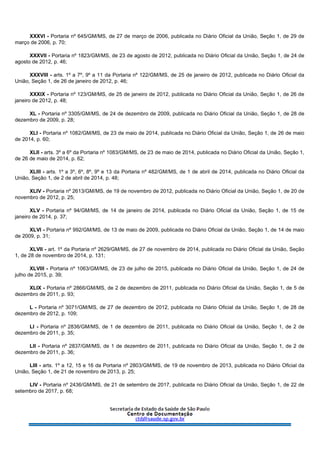 XXXVI - Portaria nº 645/GM/MS, de 27 de março de 2006, publicada no Diário Oficial da União, Seção 1, de 29 de
março de 2006, p. 70;
XXXVII - Portaria nº 1823/GM/MS, de 23 de agosto de 2012, publicada no Diário Oficial da União, Seção 1, de 24 de
agosto de 2012, p. 46;
XXXVIII - arts. 1º a 7º, 9º a 11 da Portaria nº 122/GM/MS, de 25 de janeiro de 2012, publicada no Diário Oficial da
União, Seção 1, de 26 de janeiro de 2012, p. 46;
XXXIX - Portaria nº 123/GM/MS, de 25 de janeiro de 2012, publicada no Diário Oficial da União, Seção 1, de 26 de
janeiro de 2012, p. 48;
XL - Portaria nº 3305/GM/MS, de 24 de dezembro de 2009, publicada no Diário Oficial da União, Seção 1, de 28 de
dezembro de 2009, p. 28;
XLI - Portaria nº 1082/GM/MS, de 23 de maio de 2014, publicada no Diário Oficial da União, Seção 1, de 26 de maio
de 2014, p. 60;
XLII - arts. 3º a 6º da Portaria nº 1083/GM/MS, de 23 de maio de 2014, publicada no Diário Oficial da União, Seção 1,
de 26 de maio de 2014, p. 62;
XLIII - arts. 1º a 3º, 6º, 8º, 9º e 13 da Portaria nº 482/GM/MS, de 1 de abril de 2014, publicada no Diário Oficial da
União, Seção 1, de 2 de abril de 2014, p. 48;
XLIV - Portaria nº 2613/GM/MS, de 19 de novembro de 2012, publicada no Diário Oficial da União, Seção 1, de 20 de
novembro de 2012, p. 25;
XLV - Portaria nº 94/GM/MS, de 14 de janeiro de 2014, publicada no Diário Oficial da União, Seção 1, de 15 de
janeiro de 2014, p. 37;
XLVI - Portaria nº 992/GM/MS, de 13 de maio de 2009, publicada no Diário Oficial da União, Seção 1, de 14 de maio
de 2009, p. 31;
XLVII - art. 1º da Portaria nº 2629/GM/MS, de 27 de novembro de 2014, publicada no Diário Oficial da União, Seção
1, de 28 de novembro de 2014, p. 131;
XLVIII - Portaria nº 1063/GM/MS, de 23 de julho de 2015, publicada no Diário Oficial da União, Seção 1, de 24 de
julho de 2015, p. 39;
XLIX - Portaria nº 2866/GM/MS, de 2 de dezembro de 2011, publicada no Diário Oficial da União, Seção 1, de 5 de
dezembro de 2011, p. 93;
L - Portaria nº 3071/GM/MS, de 27 de dezembro de 2012, publicada no Diário Oficial da União, Seção 1, de 28 de
dezembro de 2012, p. 109;
LI - Portaria nº 2836/GM/MS, de 1 de dezembro de 2011, publicada no Diário Oficial da União, Seção 1, de 2 de
dezembro de 2011, p. 35;
LII - Portaria nº 2837/GM/MS, de 1 de dezembro de 2011, publicada no Diário Oficial da União, Seção 1, de 2 de
dezembro de 2011, p. 36;
LIII - arts. 1º a 12, 15 e 16 da Portaria nº 2803/GM/MS, de 19 de novembro de 2013, publicada no Diário Oficial da
União, Seção 1, de 21 de novembro de 2013, p. 25;
LIV - Portaria nº 2436/GM/MS, de 21 de setembro de 2017, publicada no Diário Oficial da União, Seção 1, de 22 de
setembro de 2017, p. 68;
 