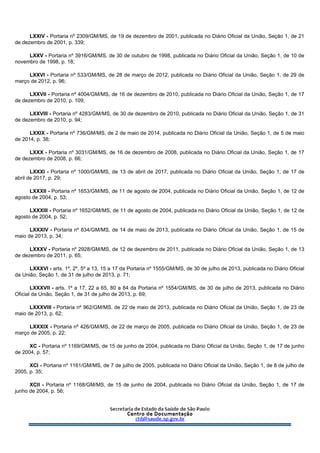 LXXIV - Portaria nº 2309/GM/MS, de 19 de dezembro de 2001, publicada no Diário Oficial da União, Seção 1, de 21
de dezembro de 2001, p. 339;
LXXV - Portaria nº 3916/GM/MS, de 30 de outubro de 1998, publicada no Diário Oficial da União, Seção 1, de 10 de
novembro de 1998, p. 18;
LXXVI - Portaria nº 533/GM/MS, de 28 de março de 2012, publicada no Diário Oficial da União, Seção 1, de 29 de
março de 2012, p. 96;
LXXVII - Portaria nº 4004/GM/MS, de 16 de dezembro de 2010, publicada no Diário Oficial da União, Seção 1, de 17
de dezembro de 2010, p. 109;
LXXVIII - Portaria nº 4283/GM/MS, de 30 de dezembro de 2010, publicada no Diário Oficial da União, Seção 1, de 31
de dezembro de 2010, p. 94;
LXXIX - Portaria nº 736/GM/MS, de 2 de maio de 2014, publicada no Diário Oficial da União, Seção 1, de 5 de maio
de 2014, p. 38;
LXXX - Portaria nº 3031/GM/MS, de 16 de dezembro de 2008, publicada no Diário Oficial da União, Seção 1, de 17
de dezembro de 2008, p. 66;
LXXXI - Portaria nº 1000/GM/MS, de 13 de abril de 2017, publicada no Diário Oficial da União, Seção 1, de 17 de
abril de 2017, p. 29;
LXXXII - Portaria nº 1653/GM/MS, de 11 de agosto de 2004, publicada no Diário Oficial da União, Seção 1, de 12 de
agosto de 2004, p. 53;
LXXXIII - Portaria nº 1652/GM/MS, de 11 de agosto de 2004, publicada no Diário Oficial da União, Seção 1, de 12 de
agosto de 2004, p. 52;
LXXXIV - Portaria nº 834/GM/MS, de 14 de maio de 2013, publicada no Diário Oficial da União, Seção 1, de 15 de
maio de 2013, p. 34;
LXXXV - Portaria nº 2928/GM/MS, de 12 de dezembro de 2011, publicada no Diário Oficial da União, Seção 1, de 13
de dezembro de 2011, p. 65;
LXXXVI - arts. 1º, 2º, 5º a 13, 15 a 17 da Portaria nº 1555/GM/MS, de 30 de julho de 2013, publicada no Diário Oficial
da União, Seção 1, de 31 de julho de 2013, p. 71;
LXXXVII - arts. 1º a 17, 22 a 65, 80 a 84 da Portaria nº 1554/GM/MS, de 30 de julho de 2013, publicada no Diário
Oficial da União, Seção 1, de 31 de julho de 2013, p. 69;
LXXXVIII - Portaria nº 962/GM/MS, de 22 de maio de 2013, publicada no Diário Oficial da União, Seção 1, de 23 de
maio de 2013, p. 62;
LXXXIX - Portaria nº 426/GM/MS, de 22 de março de 2005, publicada no Diário Oficial da União, Seção 1, de 23 de
março de 2005, p. 22;
XC - Portaria nº 1169/GM/MS, de 15 de junho de 2004, publicada no Diário Oficial da União, Seção 1, de 17 de junho
de 2004, p. 57;
XCI - Portaria nº 1161/GM/MS, de 7 de julho de 2005, publicada no Diário Oficial da União, Seção 1, de 8 de julho de
2005, p. 35;
XCII - Portaria nº 1168/GM/MS, de 15 de junho de 2004, publicada no Diário Oficial da União, Seção 1, de 17 de
junho de 2004, p. 56;
 