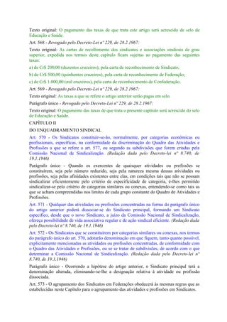 Texto original: O pagamento das taxas de que trata este artigo será acrescido de selo de
Educação e Saúde.
Art. 568 - Revogado pelo Decreto-Lei nº 229, de 28.2.1967:
Texto original: As cartas de recolhimento dos sindicatos e associações sindicais de grau
superior, expedida nos termos deste capítulo ficam sujeitas ao pagamento das seguintes
taxas:
a) de Cr$ 200,00 (duzentos cruzeiros), pela carta de reconhecimento de Sindicato;
b) de Cr$ 500,00 (quinhentos cruzeiros), pela carta de reconhecimento de Federação;
c) de Cr$ 1.000,00 (mil cruzeiros), pela carta de reconhecimento de Confederação.
Art. 569 - Revogado pelo Decreto-Lei nº 229, de 28.2.1967:
Texto original: As taxas a que se refere o artigo anterior serão pagas em selo.
Parágrafo único - Revogado pelo Decreto-Lei nº 229, de 28.2.1967:
Texto original: O pagamento das taxas de que trata o presente capítulo será acrescido do selo
de Educação e Saúde.
CAPÍTULO II
DO ENQUADRAMENTO SINDICAL
Art. 570 - Os Sindicatos constituir-se-ão, normalmente, por categorias econômicas ou
profissionais, específicas, na conformidade da discriminação do Quadro das Atividades e
Profissões a que se refere o art. 577, ou segundo as subdivisões que forem criadas pela
Comissão Nacional de Sindicalização. (Redação dada pelo Decreto-lei nº 8.740, de
19.1.1946)
Parágrafo único - Quando os exercentes de quaisquer atividades ou profissões se
constituírem, seja pelo número reduzido, seja pela natureza mesma dessas atividades ou
profissões, seja pelas afinidades existentes entre elas, em condições tais que não se possam
sindicalizar eficientemente pelo critério de especificidade de categoria, é-lhes permitido
sindicalizar-se pelo critério de categorias similares ou conexas, entendendo-se como tais as
que se acham compreendidas nos limites de cada grupo constante do Quadro de Atividades e
Profissões.
Art. 571 - Qualquer das atividades ou profissões concentradas na forma do parágrafo único
do artigo anterior poderá dissociar-se do Sindicato principal, formando um Sindicato
especifico, desde que o novo Sindicato, a juízo da Comissão Nacional de Sindicalização,
ofereça possibilidade de vida associativa regular e de ação sindical eficiente. (Redação dada
pelo Decreto-lei nº 8.740, de 19.1.1946)
Art. 572 - Os Sindicatos que se constituírem por categorias similares ou conexas, nos termos
do parágrafo único do art. 570, adotarão denominação em que fiquem, tanto quanto possível,
explicitamente mencionadas as atividades ou profissões concentradas, de conformidade com
o Quadro das Atividades e Profissões, ou se se tratar de subdivisões, de acordo com o que
determinar a Comissão Nacional de Sindicalização. (Redação dada pelo Decreto-lei nº
8.740, de 19.1.1946)
Parágrafo único - Ocorrendo a hipótese do artigo anterior, o Sindicato principal terá a
denominação alterada, eliminando-se-lhe a designação relativa à atividade ou profissão
dissociada.
Art. 573 - O agrupamento dos Sindicatos em Federações obedecerá às mesmas regras que as
estabelecidas neste Capítulo para o agrupamento das atividades e profissões em Sindicatos.
 