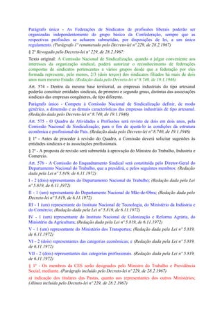 Parágrafo único - As Federações de Sindicatos de profissões liberais poderão ser
organizadas independentemente do grupo básico da Confederação, sempre que as
respectivas profissões se acharem submetidas, por disposições de lei, a um único
regulamento. (Parágrafo 1º renumerado pelo Decreto-lei nº 229, de 28.2.1967)
§ 2º Revogado pelo Decreto-lei nº 229, de 28.2.1967:
Texto original: A Comissão Nacional de Sindicalização, quando o julgar conveniente aos
interesses da organização sindical, poderá autorizar o reconhecimento de federações
compostas de sindicatos pertencentes a vários grupos desde que a federação por eles
formada represente, pelo menos, 2/3 (dois terços) dos sindicatos filiados há mais de dois
anos num mesmo Estado. (Redação dada pelo Decreto-lei nº 8.740, de 19.1.1946)
Art. 574 - Dentro da mesma base territorial, as empresas industriais do tipo artesanal
poderão constituir entidades sindicais, de primeiro e segundo graus, distintas das associações
sindicais das empresas congêneres, de tipo diferente.
Parágrafo único - Compete à Comissão Nacional de Sindicalização definir, de modo
genérico, a dimensão e as demais características das empresas industriais de tipo artesanal.
(Redação dada pelo Decreto-lei nº 8.740, de 19.1.1946)
Art. 575 - O Quadro de Atividades e Profissões será revisto de dois em dois anos, pela
Comissão Nacional de Sindicalização, para o fim de ajustá-lo às condições da estrutura
econômica e profissional do País. (Redação dada pelo Decreto-lei nº 8.740, de 19.1.1946)
§ 1º - Antes de proceder à revisão do Quadro, a Comissão deverá solicitar sugestões às
entidades sindicais e às associações profissionais.
§ 2º - A proposta de revisão será submetida à aprovação do Ministro do Trabalho, Industria e
Comercio.
Art. 576 - A Comissão do Enquadramento Sindical será constituída pelo Diretor-Geral do
Departamento Nacional do Trabalho, que a presidirá, e pelos seguintes membros: (Redação
dada pela Lei nº 5.819, de 6.11.1972)
I - 2 (dois) representantes do Departamento Nacional do Trabalho; (Redação dada pela Lei
nº 5.819, de 6.11.1972)
II - 1 (um) representante do Departamento Nacional de Mão-de-Obra; (Redação dada pelo
Decreto-lei nº 5.819, de 6.11.1972)
III - 1 (um) representante do Instituto Nacional de Tecnologia, do Ministério da Indústria e
do Comércio; (Redação dada pela Lei nº 5.819, de 6.11.1972)
IV - 1 (um) representante do Instituto Nacional de Colonização e Reforma Agrária, do
Ministério da Agricultura; (Redação dada pela Lei nº 5.819, de 6.11.1972)
V - 1 (um) representante do Ministério dos Transportes; (Redação dada pela Lei nº 5.819,
de 6.11.1972)
VI - 2 (dois) representantes das categorias econômicas; e (Redação dada pela Lei nº 5.819,
de 6.11.1972)
VII - 2 (dois) representantes das categorias profissionais. (Redação dada pela Lei nº 5.819,
de 6.11.1972)
§ 1º - Os membros da CES serão designados pelo Ministro do Trabalho e Previdência
Social, mediante. (Parágrafo incluído pelo Decreto-lei nº 229, de 28.2.1967)
a) indicação dos titulares das Pastas, quanto aos representantes dos outros Ministérios;
(Alínea incluída pelo Decreto-lei nº 229, de 28.2.1967)
 