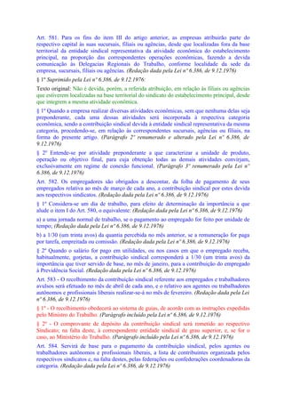 Art. 581. Para os fins do item III do artigo anterior, as empresas atribuirão parte do
respectivo capital às suas sucursais, filiais ou agências, desde que localizadas fora da base
territorial da entidade sindical representativa da atividade econômica do estabelecimento
principal, na proporção das correspondentes operações econômicas, fazendo a devida
comunicação às Delegacias Regionais do Trabalho, conforme localidade da sede da
empresa, sucursais, filiais ou agências. (Redação dada pela Lei nº 6.386, de 9.12.1976)
§ 1º Suprimido pela Lei nº 6.386, de 9.12.1976:
Texto original: Não é devida, porém, a referida atribuição, em relação às filiais ou agências
que estiverem localizadas na base territorial do sindicato do estabelecimento principal, desde
que integrem a mesma atividade econômica.
§ 1º Quando a empresa realizar diversas atividades econômicas, sem que nenhuma delas seja
preponderante, cada uma dessas atividades será incorporada à respectiva categoria
econômica, sendo a contribuição sindical devida à entidade sindical representativa da mesma
categoria, procedendo-se, em relação às correspondentes sucursais, agências ou filiais, na
forma do presente artigo. (Parágrafo 2º renumerado e alterado pela Lei nº 6.386, de
9.12.1976)
§ 2º Entende-se por atividade preponderante a que caracterizar a unidade de produto,
operação ou objetivo final, para cuja obtenção todas as demais atividades convirjam,
exclusivamente em regime de conexão funcional. (Parágrafo 3º renumerado pela Lei nº
6.386, de 9.12.1976)
Art. 582. Os empregadores são obrigados a descontar, da folha de pagamento de seus
empregados relativa ao mês de março de cada ano, a contribuição sindical por estes devida
aos respectivos sindicatos. (Redação dada pela Lei nº 6.386, de 9.12.1976)
§ 1º Considera-se um dia de trabalho, para efeito de determinação da importância a que
alude o item I do Art. 580, o equivalente: (Redação dada pela Lei nº 6.386, de 9.12.1976)
a) a uma jornada normal de trabalho, se o pagamento ao empregado for feito por unidade de
tempo; (Redação dada pela Lei nº 6.386, de 9.12.1976)
b) a 1/30 (um trinta avos) da quantia percebida no mês anterior, se a remuneração for paga
por tarefa, empreitada ou comissão. (Redação dada pela Lei nº 6.386, de 9.12.1976)
§ 2º Quando o salário for pago em utilidades, ou nos casos em que o empregado receba,
habitualmente, gorjetas, a contribuição sindical corresponderá a 1/30 (um trinta avos) da
importância que tiver servido de base, no mês de janeiro, para a contribuição do empregado
à Previdência Social. (Redação dada pela Lei nº 6.386, de 9.12.1976)
Art. 583 - O recolhimento da contribuição sindical referente aos empregados e trabalhadores
avulsos será efetuado no mês de abril de cada ano, e o relativo aos agentes ou trabalhadores
autônomos e profissionais liberais realizar-se-á no mês de fevereiro. (Redação dada pela Lei
nº 6.386, de 9.12.1976)
§ 1º - O recolhimento obedecerá ao sistema de guias, de acordo com as instruções expedidas
pelo Ministro do Trabalho. (Parágrafo incluído pela Lei nº 6.386, de 9.12.1976)
§ 2º - O comprovante de depósito da contribuição sindical será remetido ao respectivo
Sindicato; na falta deste, à correspondente entidade sindical de grau superior, e, se for o
caso, ao Ministério do Trabalho. (Parágrafo incluído pela Lei nº 6.386, de 9.12.1976)
Art. 584. Servirá de base para o pagamento da contribuição sindical, pelos agentes ou
trabalhadores autônomos e profissionais liberais, a lista de contribuintes organizada pelos
respectivos sindicatos e, na falta destes, pelas federações ou confederações coordenadoras da
categoria. (Redação dada pela Lei nº 6.386, de 9.12.1976)
 