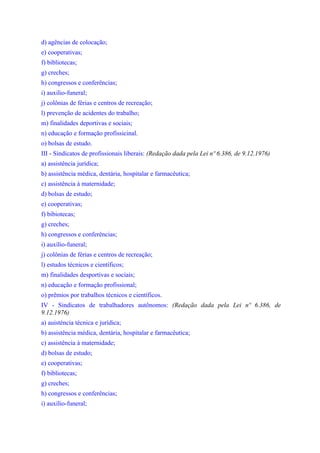 d) agências de colocação;
e) cooperativas;
f) bibliotecas;
g) creches;
h) congressos e conferências;
i) auxilio-funeral;
j) colônias de férias e centros de recreação;
l) prevenção de acidentes do trabalho;
m) finalidades deportivas e sociais;
n) educação e formação profissicinal.
o) bolsas de estudo.
III - Sindicatos de profissionais liberais: (Redação dada pela Lei nº 6.386, de 9.12.1976)
a) assistência jurídica;
b) assistência médica, dentária, hospitalar e farmacêutica;
c) assistência à maternidade;
d) bolsas de estudo;
e) cooperativas;
f) bibiotecas;
g) creches;
h) congressos e conferências;
i) auxílio-funeral;
j) colônias de férias e centros de recreação;
l) estudos técnicos e científicos;
m) finalidades desportivas e sociais;
n) educação e formação profissional;
o) prêmios por trabalhos técnicos e científicos.
IV - Sindicatos de trabalhadores autônomos: (Redação dada pela Lei nº 6.386, de
9.12.1976)
a) auisténcia técnica e jurídica;
b) assistência médica, dentária, hospitalar e farmacêutica;
c) assistência à maternidade;
d) bolsas de estudo;
e) cooperativas;
f) bibliotecas;
g) creches;
h) congressos e conferências;
i) auxílio-funeral;
 