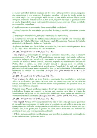2) exercer a atividade definida no citado art. 285, itens I e II e respectivas alíneas, nos portos
não organizados e nos armazéns, depóstidos, trapiches, veículos de tração animal ou
mecânica, vagões, etc., em quaisquer locais em que as mercadorias tenham sido recebidas,
entregues, arrumadas ou beneficiadas, e, bem assim, lingar ou deslingar as que necessitarem
de auxílio de guindastes ou de outros aparelhos mecânicos, nas empresas, firmas, sociedades
ou companhias particulares;
d) cosideram-se serviços acessórios da mesma atividade profissional:
1) o beneficiamento das mercadorias que depedam de despejo, escolha, reembarque, costura,
etc.;
2) empilhação, desempilhação, remoção e arrumação das mercadorias;
e) o exercício da profissão dos trabalhadores definidos neste ítem III será fiscalizado pela
Delegacia do Trabalho Marítimo, onde houver, e pelo Departamento Nacional do Trabalho
do Ministério do Trabalho, Indústria e Comércio;
f) aplica-se à mão de obra dos trabalhos no movimento de mercadorias o disposto na Seção
IX do Título III da Consolidação das Leis do Trabalho.
Art. 286 - Revogado pela Lei nº 8.630, de 25.2.1993:
Texto original: A remuneração dos serviços de capatazias nos portos, salvo as exceções
constantes dos §§ 2º e 3º do art. 280 será feita por meio de taxas, estabelecidas na base de
tonelagem, cubagem ou unidades de mercadorias e aprovadas, para cada porto, pelo
Ministro da Viação e Obras Públicas, mediante proposta do Departamento Nacional de
Portos, Rios e Canais. As taxas deverão atender à espécie, peso ou volume e
acondicionamento das mercadorias de acordo com o "manifesto", do qual será remetido,
pelos concessionários dos portos organizados, uma via ao Sindicato dos Trabalhadores que
realizarem os serviços na localidade. (Redação dada pelo Decreto-lei nº 6.353, de
20.3.1944)
Art. 287 - Revogado pela Lei nº 8.630, de 25.2.1993:
Texto original: As tabelas de taxas fixarão a quantidade dos trabalhadores, motoristas,
feitores e conferentes, que comporão cada terno ou turma empregada na execução do
serviço, distinguidos os casos de trabalhar um ou mais guindastes, por porão de navio, ou
uma ou mais portas de armazém.
Parágrafo único. Quando condições especias do serviço exigirem o aumento do número de
trabalhadores fixados para compor as turmas, este aumento será feito, a critério das
administrações dos portos, e a sua remuneração será idêntica à que couber aos trabalhadores
componentes normais das turmas. (Redação dada pelo Decreto-lei nº 6.353, de 20.3.1944)
Art. 288 - Revogado pela Lei nº 8.630, de 25.2.1993:
Texto original: As taxas aprovadas para retribuir a mão de obra serão aplicadas à quantidade
de mercadorias movimentada por cada turma e o produto será dividido na razão de uma
quota para cada trabalhador, uma para cada motorista interno do armazém, uma e meia para
o feitor, uma e um quarto para o ajudante do feitor, uma e meia para cada motorista do
guindaste do cais, uma e meia para cada conferente.
§ 1º Estas quotas poderão ser modificadas de sorte a melhor se adaptarem à composição dos
ternos ou turmas, ora vigentes nos portos.
 