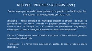 Desencadeia processo de municipalização da gestão com habilitação dos
municípios nas condições de gestão criadas:
Incipiente - nessa condição os Municípios passam a ampliar seu nível de
gerenciamento, assumindo, imediata ou progressivamente, a responsabilidade
sobre a rede de serviços no que concerne ao planejamento, programação,
contratação, controle e avaliação de serviços ambulatoriais e hospitalares.
Parcial - Cabe ao Gestor, além de realizar o proposto na forma incipiente, gerenciar
as unidades ambulatoriais.
Semiplena - É a forma mais avançada de gestão de toda a rede de saúde
municipal.
NOB 1993 - PORTARIA 545/93/MS (Cont.)
 
