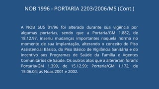 A NOB SUS 01/96 foi alterada durante sua vigência por
algumas portarias, sendo que a Portaria/GM 1.882, de
18.12.97, inseriu mudanças importantes naquela norma no
momento de sua implantação, alterando o conceito do Piso
Assistencial Básico, do Piso Básico de Vigilância Sanitária e do
incentivo aos Programas de Saúde da Família e Agentes
Comunitários de Saúde. Os outros atos que a alteraram foram:
Portaria/GM 1.399, de 15.12.99; Portaria/GM 1.172, de
15.06.04; as Noas 2001 e 2002.
NOB 1996 - PORTARIA 2203/2006/MS (Cont.)
 