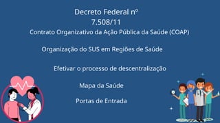 Contrato Organizativo da Ação Pública da Saúde (COAP)
Organização do SUS em Regiões de Saúde
Efetivar o processo de descentralização
Mapa da Saúde
Decreto Federal nº
7.508/11
Portas de Entrada
 