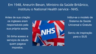 Em 1948, Aneurin Bevan, Ministro da Saúde Britânico,
instituiu o National Health service - NHS.
Antes de sua criação
os ingleses eram
responsáveis pela
sua própria saúde.
Só tinha acesso a
serviços de sáude
quem pagava
impostos.
Intitui-se o modelo de
Sistema de Saúde
Universal e Gratuito
Serviu de inspiração
para o SUS
 