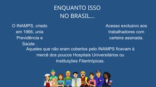 ENQUANTO ISSO
NO BRASIL...
O INAMPS, criado
em 1966, unia
Previdência e
Saúde .
Acesso exclusivo aos
trabalhadores com
carteira assinada.
Aqueles que não eram cobertos pelo INAMPS ficavam à
mercê dos poucos Hospitais Universitários ou
Instituições Filantrópicas.
 