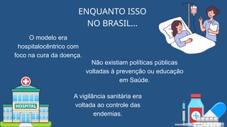 ENQUANTO ISSO
NO BRASIL...
O modelo era
hospitalocêntrico com
foco na cura da doença.
Não existiam políticas públicas
voltadas à prevenção ou educação
em Saúde.
A vigilância sanitária era
voltada ao controle das
endemias.
 