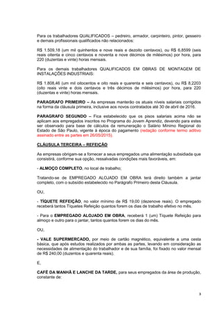 3
Para os trabalhadores QUALIFICADOS – pedreiro, armador, carpinteiro, pintor, gesseiro
e demais profissionais qualificados não relacionados:
R$ 1.509,18 (um mil quinhentos e nove reais e dezoito centavos), ou R$ 6,8599 (seis
reais oitenta e cinco centavos e noventa e nove décimos de milésimos) por hora, para
220 (duzentas e vinte) horas mensais.
Para os demais trabalhadores QUALIFICADOS EM OBRAS DE MONTAGEM DE
INSTALAÇÕES INDUSTRIAIS:
R$ 1.808,46 (um mil oitocentos e oito reais e quarenta e seis centavos), ou R$ 8,2203
(oito reais vinte e dois centavos e três décimos de milésimos) por hora, para 220
(duzentas e vinte) horas mensais.
PARAGRAFO PRIMEIRO – As empresas manterão os atuais níveis salariais corrigidos
na forma da cláusula primeira, inclusive aos novos contratados até 30 de abril de 2016.
PARAGRAFO SEGUNDO – Fica estabelecido que os pisos salariais acima não se
aplicam aos empregados inscritos no Programa do Jovem Aprendiz, devendo para estes
ser observado para base de cálculos da remuneração o Salário Mínimo Regional do
Estado de São Paulo, vigente à época do pagamento (redação conforme termo aditivo
assinado entre as partes em 26/05/2015).
CLÁUSULA TERCEIRA – REFEIÇÃO
As empresas obrigam-se a fornecer a seus empregados uma alimentação subsidiada que
consistirá, conforme sua opção, ressalvadas condições mais favoráveis, em:
- ALMOÇO COMPLETO, no local de trabalho;
Tratando-se de EMPREGADO ALOJADO EM OBRA terá direito também a jantar
completo, com o subsídio estabelecido no Parágrafo Primeiro desta Cláusula.
OU,
- TÍQUETE REFEIÇÃO, no valor mínimo de R$ 19,00 (dezenove reais). O empregado
receberá tantos Tíquetes Refeição quantos forem os dias de trabalho efetivo no mês.
- Para o EMPREGADO ALOJADO EM OBRA, receberá 1 (um) Tíquete Refeição para
almoço e outro para o jantar, tantos quantos forem os dias do mês.
OU,
- VALE SUPERMERCADO, por meio de cartão magnético, equivalente a uma cesta
básica, que após estudos realizados por ambas as partes, levando em consideração as
necessidades de alimentação do trabalhador e de sua família, foi fixado no valor mensal
de R$ 240,00 (duzentos e quarenta reais).
E,
CAFÉ DA MANHÃ E LANCHE DA TARDE, para seus empregados da área de produção,
constante de:
 