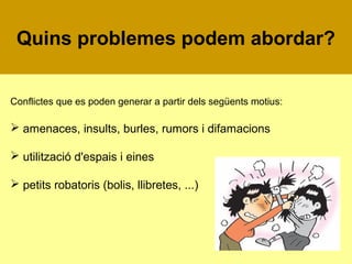Quins problemes podem abordar?
Conflictes que es poden generar a partir dels següents motius:

 amenaces, insults, burles, rumors i difamacions
 utilització d'espais i eines
 petits robatoris (bolis, llibretes, ...)

 