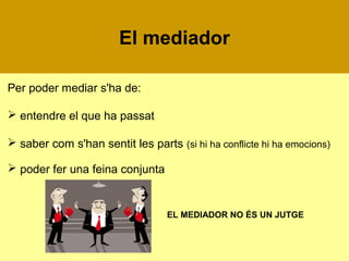 El mediador
Per poder mediar s'ha de:
 entendre el que ha passat
 saber com s'han sentit les parts (si hi ha conflicte hi ha emocions)
 poder fer una feina conjunta

EL MEDIADOR NO ÉS UN JUTGE

 