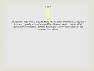 A esto:

La Coparmex negó validez al pacto, tacho a Lavín como procomunista, ingenuo e
impostor; y proclamo su adhesión al liberalismo económico y denunció el
ejercicio irresponsable del derecho de huelga y la intervención creciente del
estado en la economía.

 