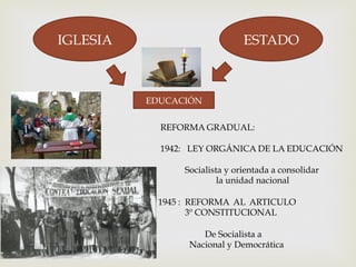 IGLESIA

ESTADO

EDUCACIÓN
REFORMA GRADUAL:
1942: LEY ORGÁNICA DE LA EDUCACIÓN
Socialista y orientada a consolidar
la unidad nacional
1945 : REFORMA AL ARTICULO
3º CONSTITUCIONAL
De Socialista a
Nacional y Democrática

 