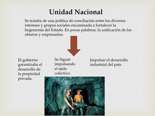 Unidad Nacional
Se trataba de una política de conciliación entre los diversos
intereses y grupos sociales encaminada a fortalecer la
hegemonía del Estado. En pocas palabras, la unificación de los
obreros y empresarios.

El gobierno
garantizaba el
desarrollo de
la propiedad
privada.

Se Siguió
impulsando
el ejido
colectivo.

Impulsar el desarrollo
industrial del país.

 