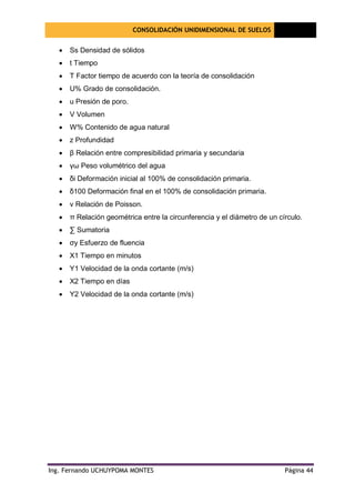 CONSOLIDACIÓN UNIDIMENSIONAL DE SUELOS
[Seleccione
la fecha]
Ing. Fernando UCHUYPOMA MONTES Página 44
• Ss Densidad de sólidos
• t Tiempo
• T Factor tiempo de acuerdo con la teoría de consolidación
• U% Grado de consolidación.
• u Presión de poro.
• V Volumen
• W% Contenido de agua natural
• z Profundidad
• β Relación entre compresibilidad primaria y secundaria
• γω Peso volumétrico del agua
• δi Deformación inicial al 100% de consolidación primaria.
• δ100 Deformación final en el 100% de consolidación primaria.
• ν Relación de Poisson.
• π Relación geométrica entre la circunferencia y el diámetro de un círculo.
• ∑ Sumatoria
• σy Esfuerzo de fluencia
• X1 Tiempo en minutos
• Y1 Velocidad de la onda cortante (m/s)
• X2 Tiempo en días
• Y2 Velocidad de la onda cortante (m/s)
 