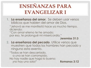 ENSEÑANZAS PARA 
EVANGELIZAR I 
1. La enseñanza del amor. Se deben usar versos 
bíblicos que hablen del amor de Dios. 
“Jehová se me manifestó hace ya mucho tiempo, 
diciendo: 
“Con amor eterno te he amado; 
por eso, te prolongué mi misericordia.” 
Jeremías 31:3 
2. La enseñanza del pecado. Utilice versos que 
muestren que todos los hombres han pecado y 
ninguno esta exento. 
“Todos se han descarriado, 
a una se han corrompido. 
No hay nadie que haga lo bueno; 
¡no hay uno solo!” Romanos 3:12 
 
