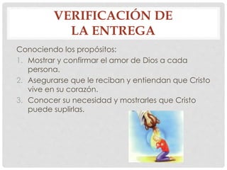 VERIFICACIÓN DE 
LA ENTREGA 
Conociendo los propósitos: 
1. Mostrar y confirmar el amor de Dios a cada 
persona. 
2. Asegurarse que le reciban y entiendan que Cristo 
vive en su corazón. 
3. Conocer su necesidad y mostrarles que Cristo 
puede suplirlas. 
 