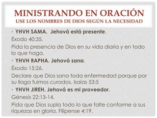 MINISTRANDO EN ORACIÓN 
USE LOS NOMBRES DE DIOS SEGÚN LA NECESIDAD 
• YHVH SAMA. Jehová está presente. 
Éxodo 40:35. 
Pida la presencia de Dios en su vida diaria y en todo 
lo que haga. 
• YHVH RAPHA. Jehová sana. 
Éxodo 15:26. 
Declare que Dios sana toda enfermedad porque por 
su llaga fuimos curados. Isaías 53:5 
• YHVH JIREH. Jehová es mi proveedor. 
Génesis 22:13-14. 
Pida que Dios supla todo lo que falte conforme a sus 
riquezas en gloria. Filipense 4:19. 
 