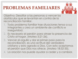 PROBLEMAS FAMILIARES 
Objetivo: Desafiar a las personas a vencer los 
obstáculos que se levantan en contra de la 
reconciliación familiar. 
1. Todo problema familiar trae situaciones tensa a sus 
integrantes y crea un ambiente de conflicto e 
inseguridad. 
2. Es necesario el perdón para atraer la presencia de 
Cristo al hogar. (Mateo 5:21-26). 
3. Vencer el orgullo y dar el primer paso para la 
reconciliación, es una actitud del verdadero 
cristiano y esto agrada a Dios. Con esto aceptamos 
el perdón que Dios nos ofrece. (Mateo 18:32-35). 
4. La oración nos puede ayudar a ceder y a cambiar. 
 