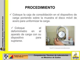 PROCEDIMIENTO
 Coloque la caja de consolidación en el dispositivo de
carga poniendo sobre la muestra el disco móvil de
acero para uniformizar la carga.
 Coloque el
deformímetro en el
aparato de carga con su
dispositivo para
sujetarse.
Foto Nº 9: Colocación del deformímetro.
Competencias Técnicas de Laboratorista
en Mecánica de Suelos
 