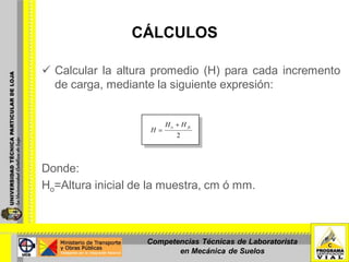 CÁLCULOS
 Calcular la altura promedio (H) para cada incremento
de carga, mediante la siguiente expresión:
Donde:
Ho=Altura inicial de la muestra, cm ó mm.
2
fco HH
H
Competencias Técnicas de Laboratorista
en Mecánica de Suelos
 