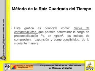 Método de la Raíz Cuadrada del Tiempo
• Esta gráfica es conocida como: Curva de
compresibilidad, que permite determinar la carga de
preconsolidación Pc, en kg/cm2, los índices de
compresión, expansión y compresnsibilidad, de la
siguiente manera:
Competencias Técnicas de Laboratorista
en Mecánica de Suelos
 
