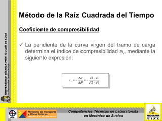 Método de la Raíz Cuadrada del Tiempo
Coeficiente de compresibilidad
 La pendiente de la curva virgen del tramo de carga
determina el índice de compresibilidad av, mediante la
siguiente expresión:
12
12
PP
ee
P
e
av
Competencias Técnicas de Laboratorista
en Mecánica de Suelos
 