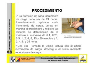 PROCEDIMIENTOPROCEDIMIENTO
La duración de cada incremento
de carga debe ser de 24 horas.
Inmediatamente aplicado cada
incremento de carga ponga enincremento de carga, ponga en
marcha el cronómetro y registre las
lecturas de deformación de la
muestra a intervalos de 0.1, 0.25,
0.5, 1, 2, 4, 8, 15 y 30 minutos y 1,
Foto Nº 12: Colocación de cargas
sobre el aparato de consolidación.
2, 4, 8, y 24 horas.
Una vez tomada la última lectura con el último
incremento de carga, descargue el suelo mediante
reducciones de carga.
Competencias Técnicas de Laboratorista
en Mecánica de Suelos
 
