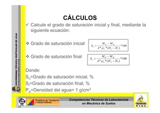 CÁLCULOSCÁLCULOS
Calcule el grado de saturación inicial y final, mediante la
siguiente ecuación:siguiente ecuación:
Grado de saturación inicial MM −Grado de saturación inicial
Grado de saturación final
100*
)(** sow
SfTo
o
HHA
MM
S
−
=
ρ
MM −Grado de saturación final
D d
100*
)(** sfw
SfTf
f
HHA
MM
S
−
−
=
ρ
Donde:
So=Grado de saturación inicial, %
S G d d t ió fi l %Sf=Grado de saturación final, %
Ρw=Densidad del agua= 1 g/cm3
Competencias Técnicas de Laboratorista
en Mecánica de Suelos
 