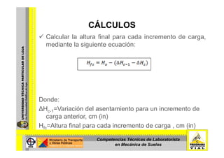 CÁLCULOSCÁLCULOS
Calcular la altura final para cada incremento de carga,
di t l i i t iómediante la siguiente ecuación:
Donde:
∆Hc-1=Variación del asentamiento para un incremento de
t i (i )carga anterior, cm (in)
Hfc=Altura final para cada incremento de carga , cm (in)
Competencias Técnicas de Laboratorista
en Mecánica de Suelos
 