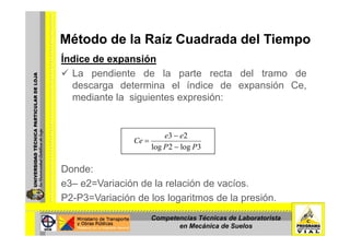 Método de la Raíz Cuadrada del TiempoMétodo de la Raíz Cuadrada del Tiempo
Índice de expansión
La pendiente de la parte recta del tramo de
descarga determina el índice de expansión Ce,
mediante la siguientes expresión:mediante la siguientes expresión:
3log2log
23
PP
ee
Ce
−
−
=
Donde:
3 2 V i ió d l l ió d íe3– e2=Variación de la relación de vacíos.
P2-P3=Variación de los logaritmos de la presión.
Competencias Técnicas de Laboratorista
en Mecánica de Suelos
 