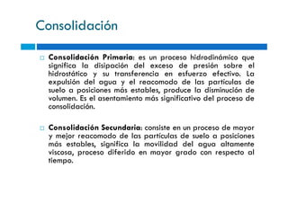 Consolidación
Consolidación Primaria: es un proceso hidrodinámico que
significa la disipación del exceso de presión sobre el
hidrostático y su transferencia en esfuerzo efectivo. La
expulsión del agua y el reacomodo de las partículas de
suelo a posiciones más estables, produce la disminución de
volumen. Es el asentamiento más significativo del proceso de
consolidación.
volumen. Es el asentamiento más significativo del proceso de
consolidación.
Consolidación Secundaria: consiste en un proceso de mayor
y mejor reacomodo de las partículas de suelo a posiciones
más estables, significa la movilidad del agua altamente
viscosa, proceso diferido en mayor grado con respecto al
tiempo.
 