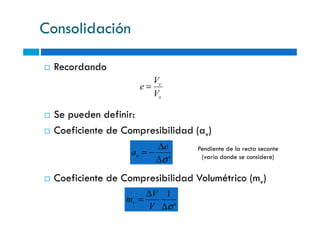 Consolidación
Recordando
Se pueden definir:
s
v
V
V
e =
Se pueden definir:
Coeficiente de Compresibilidad (av)
Coeficiente de Compresibilidad Volumétrico (mv)
'σ∆
∆
−=
e
av
'
1
σ∆
∆
=
V
V
mv
Pendiente de la recta secante
(varía donde se considere)
 