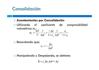 Consolidación
Asentamientos por Consolidación
Utilizando el coeficiente de compresibilidad
volumétrica mv:
v
v
e
a
e
e
V
V
m
+
=
∆+
∆−
=
∆
∆
=
1'
1
1'
1
σσ
Recordando que:
Manipulando y Despejando, se obtiene:
'σ∆
∆
−=
e
av
oo eeV +∆+∆ 1'1' σσ
( ) eme vo ∆=∆+ '1 σ
 