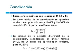 Consolidación
Expresiones empíricas que relacionan U(%) y Tv.
La curva teórica de la consolidación se aproxima
mucho a una parábola entre U=0% y U=60% de
consolidación. A partir de allí se obtiene:
La solución de la ecuación diferencial de la
consolidación, considerando el primer término
(n=0), da un grado de aproximación suficiente,
para U≥60%
2
100
(%)
4






=
U
Tv
π
( )(%)100log933.0781.1 UTv −−=
 