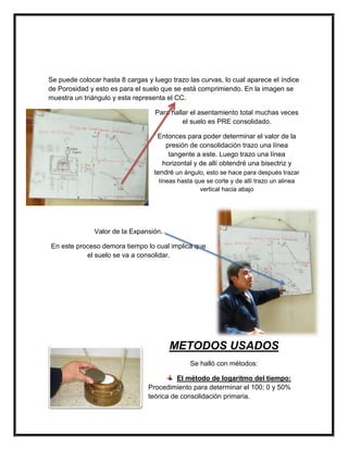 Se puede colocar hasta 8 cargas y luego trazo las curvas, lo cual aparece el índice
de Porosidad y esto es para el suelo que se está comprimiendo. En la imagen se
muestra un triángulo y esta representa el CC.
Para hallar el asentamiento total muchas veces
el suelo es PRE consolidado.
Entonces para poder determinar el valor de la
presión de consolidación trazo una línea
tangente a este. Luego trazo una línea
horizontal y de allí obtendré una bisectriz y
tendré un ángulo, esto se hace para después trazar
líneas hasta que se corte y de allí trazo un alinea
vertical hacia abajo
Valor de la Expansión.
En este proceso demora tiempo lo cual implica que
el suelo se va a consolidar.
METODOS USADOS
Se halló con métodos:
El método de logaritmo del tiempo:
Procedimiento para determinar el 100; 0 y 50%
teórica de consolidación primaria.
 