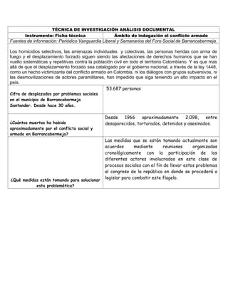 TÉCNICA DE INVESTIGACIÓN ANÁLISIS DOCUMENTAL
Instrumento: Ficha técnica Ámbito de indagación el conflicto armado
Fuentes de información: Periódico Vanguardia Liberal y Semanarios del Foro Social de Barrancabermeja.
Los homicidios selectivos, las amenazas individuales y colectivas, las personas heridas con arma de
fuego y el desplazamiento forzado siguen siendo las afectaciones de derechos humanos que se han
vuelto sistemáticas y repetitivas contra la población civil en todo el territorio Colombiano. Y es que mas
allá de que el desplazamiento forzado sea catalogado por el gobierno nacional, a través de la ley 1448,
como un hecho victimizante del conflicto armado en Colombia, ni los diálogos con grupos subversivos, ni
las desmovilizaciones de actores paramilitares, han impedido que siga teniendo un alto impacto en el
país.
Cifra de desplazados por problemas sociales
en el municipio de Barrancabermeja
Santander. Desde hace 30 años.
53.687 personas
¿Cuántos muertos ha habido
aproximadamente por el conflicto social y
armado en Barrancabermeja?
Desde 1966 aproximadamente 2.098, entre
desaparecidos, torturados, detenidos y asesinados.
¿Qué medidas están tomando para solucionar
esta problemática?
Las medidas que se están tomando actualmente son
acuerdos mediante reuniones organizadas
cronológicamente con la participación de los
diferentes actores involucrados en esta clase de
procesos sociales con el fin de llevar estos problemas
al congreso de la república en donde se procederá a
legislar para combatir este flagelo.
 
