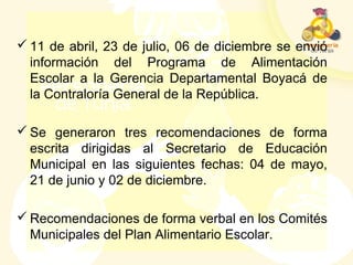  11 de abril, 23 de julio, 06 de diciembre se envió
información del Programa de Alimentación
Escolar a la Gerencia Departamental Boyacá de
la Contraloría General de la República.
 Se generaron tres recomendaciones de forma
escrita dirigidas al Secretario de Educación
Municipal en las siguientes fechas: 04 de mayo,
21 de junio y 02 de diciembre.
 Recomendaciones de forma verbal en los Comités
Municipales del Plan Alimentario Escolar.
 