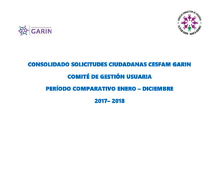 CONSOLIDADO SOLICITUDES CIUDADANAS CESFAM GARIN
COMITÉ DE GESTIÓN USUARIA
PERÍODO COMPARATIVO ENERO – DICIEMBRE
2017– 2018
 