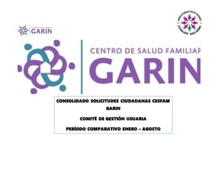 CONSOLIDADO SOLICITUDES CIUDADANAS CESFAM
GARIN
COMITÉ DE GESTIÓN USUARIA
PERÍODO COMPARATIVO ENERO – AGOSTO
 