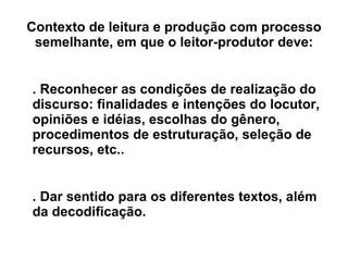Contexto de leitura e produção com processo semelhante, em que o leitor-produtor deve: . Reconhecer as condições de realização do discurso: finalidades e intenções do locutor, opiniões e idéias, escolhas do gênero, procedimentos de estruturação, seleção de recursos, etc..  . Dar sentido para os diferentes textos, além da decodificação. 