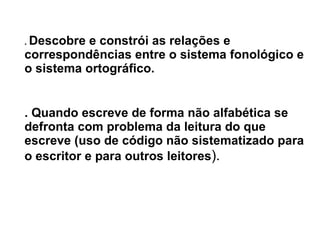 .  Descobre e constrói as relações e correspondências entre o sistema fonológico e o sistema ortográfico. . Quando escreve de forma não alfabética se defronta com problema da leitura do que escreve (uso de código não sistematizado para o escritor e para outros leitores ).  