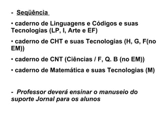 -  Seqüência  caderno de Linguagens e Códigos e suas Tecnologias (LP, I, Arte e EF) caderno de CHT e suas Tecnologias (H, G, F(no EM)) caderno de CNT (Ciências / F, Q. B (no EM)) caderno de Matemática e suas Tecnologias (M) -  Professor deverá ensinar o manuseio do suporte Jornal para os alunos 