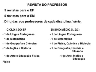 REVISTA DO PROFESSOR   . 5 revistas para o EF . 5 revistas para o EM . Dirigidas aos professores de cada disciplina / série: CICLO II DO EF   ENSINO MÉDIO (1, 2/3) 1 de Língua Portuguesa    - 1 de Língua Portuguesa 1 de Matemática    - 1 de Matemática 1 de Geografia e Ciências    - 1 de Física, Química e Biologia 1 de Inglês e História    - 1 de Geografia, História e    Filosofia 1 de Arte e Educação Física    - 1 de Arte, Inglês e    Educação Física  