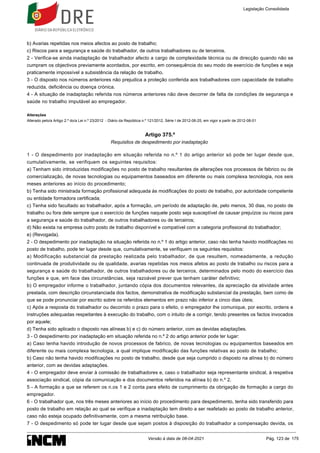 b) Avarias repetidas nos meios afectos ao posto de trabalho;
c) Riscos para a segurança e saúde do trabalhador, de outros trabalhadores ou de terceiros.
2 - Verifica-se ainda inadaptação de trabalhador afecto a cargo de complexidade técnica ou de direcção quando não se
cumpram os objectivos previamente acordados, por escrito, em consequência do seu modo de exercício de funções e seja
praticamente impossível a subsistência da relação de trabalho.
3 - O disposto nos números anteriores não prejudica a proteção conferida aos trabalhadores com capacidade de trabalho
reduzida, deficiência ou doença crónica.
4 - A situação de inadaptação referida nos números anteriores não deve decorrer de falta de condições de segurança e
saúde no trabalho imputável ao empregador.
Alterações
Alterado pelo/a Artigo 2.º do/a Lei n.º 23/2012 - Diário da República n.º 121/2012, Série I de 2012-06-25, em vigor a partir de 2012-08-01
Artigo 375.º
Requisitos de despedimento por inadaptação
1 - O despedimento por inadaptação em situação referida no n.º 1 do artigo anterior só pode ter lugar desde que,
cumulativamente, se verifiquem os seguintes requisitos:
a) Tenham sido introduzidas modificações no posto de trabalho resultantes de alterações nos processos de fabrico ou de
comercialização, de novas tecnologias ou equipamentos baseados em diferente ou mais complexa tecnologia, nos seis
meses anteriores ao início do procedimento;
b) Tenha sido ministrada formação profissional adequada às modificações do posto de trabalho, por autoridade competente
ou entidade formadora certificada;
c) Tenha sido facultado ao trabalhador, após a formação, um período de adaptação de, pelo menos, 30 dias, no posto de
trabalho ou fora dele sempre que o exercício de funções naquele posto seja susceptível de causar prejuízos ou riscos para
a segurança e saúde do trabalhador, de outros trabalhadores ou de terceiros;
d) Não exista na empresa outro posto de trabalho disponível e compatível com a categoria profissional do trabalhador;
e) (Revogada).
2 - O despedimento por inadaptação na situação referida no n.º 1 do artigo anterior, caso não tenha havido modificações no
posto de trabalho, pode ter lugar desde que, cumulativamente, se verifiquem os seguintes requisitos:
a) Modificação substancial da prestação realizada pelo trabalhador, de que resultem, nomeadamente, a redução
continuada de produtividade ou de qualidade, avarias repetidas nos meios afetos ao posto de trabalho ou riscos para a
segurança e saúde do trabalhador, de outros trabalhadores ou de terceiros, determinados pelo modo do exercício das
funções e que, em face das circunstâncias, seja razoável prever que tenham caráter definitivo;
b) O empregador informe o trabalhador, juntando cópia dos documentos relevantes, da apreciação da atividade antes
prestada, com descrição circunstanciada dos factos, demonstrativa de modificação substancial da prestação, bem como de
que se pode pronunciar por escrito sobre os referidos elementos em prazo não inferior a cinco dias úteis;
c) Após a resposta do trabalhador ou decorrido o prazo para o efeito, o empregador lhe comunique, por escrito, ordens e
instruções adequadas respeitantes à execução do trabalho, com o intuito de a corrigir, tendo presentes os factos invocados
por aquele;
d) Tenha sido aplicado o disposto nas alíneas b) e c) do número anterior, com as devidas adaptações.
3 - O despedimento por inadaptação em situação referida no n.º 2 do artigo anterior pode ter lugar:
a) Caso tenha havido introdução de novos processos de fabrico, de novas tecnologias ou equipamentos baseados em
diferente ou mais complexa tecnologia, a qual implique modificação das funções relativas ao posto de trabalho;
b) Caso não tenha havido modificações no posto de trabalho, desde que seja cumprido o disposto na alínea b) do número
anterior, com as devidas adaptações.
4 - O empregador deve enviar à comissão de trabalhadores e, caso o trabalhador seja representante sindical, à respetiva
associação sindical, cópia da comunicação e dos documentos referidos na alínea b) do n.º 2.
5 - A formação a que se referem os n.os 1 e 2 conta para efeito de cumprimento da obrigação de formação a cargo do
empregador.
6 - O trabalhador que, nos três meses anteriores ao início do procedimento para despedimento, tenha sido transferido para
posto de trabalho em relação ao qual se verifique a inadaptação tem direito a ser reafetado ao posto de trabalho anterior,
caso não esteja ocupado definitivamente, com a mesma retribuição base.
7 - O despedimento só pode ter lugar desde que sejam postos à disposição do trabalhador a compensação devida, os
Legislação Consolidada
Versão à data de 08-04-2021 Pág. 123 de 175
 