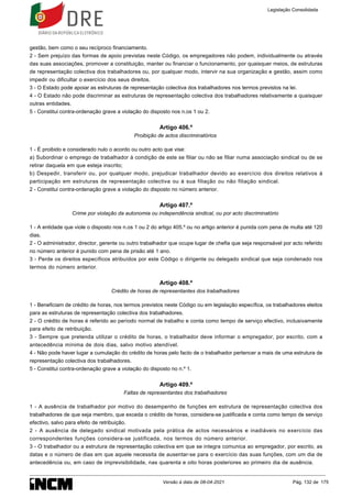 gestão, bem como o seu recíproco financiamento.
2 - Sem prejuízo das formas de apoio previstas neste Código, os empregadores não podem, individualmente ou através
das suas associações, promover a constituição, manter ou financiar o funcionamento, por quaisquer meios, de estruturas
de representação colectiva dos trabalhadores ou, por qualquer modo, intervir na sua organização e gestão, assim como
impedir ou dificultar o exercício dos seus direitos.
3 - O Estado pode apoiar as estruturas de representação colectiva dos trabalhadores nos termos previstos na lei.
4 - O Estado não pode discriminar as estruturas de representação colectiva dos trabalhadores relativamente a quaisquer
outras entidades.
5 - Constitui contra-ordenação grave a violação do disposto nos n.os 1 ou 2.
Artigo 406.º
Proibição de actos discriminatórios
1 - É proibido e considerado nulo o acordo ou outro acto que vise:
a) Subordinar o emprego de trabalhador à condição de este se filiar ou não se filiar numa associação sindical ou de se
retirar daquela em que esteja inscrito;
b) Despedir, transferir ou, por qualquer modo, prejudicar trabalhador devido ao exercício dos direitos relativos à
participação em estruturas de representação colectiva ou à sua filiação ou não filiação sindical.
2 - Constitui contra-ordenação grave a violação do disposto no número anterior.
Artigo 407.º
Crime por violação da autonomia ou independência sindical, ou por acto discriminatório
1 - A entidade que viole o disposto nos n.os 1 ou 2 do artigo 405.º ou no artigo anterior é punida com pena de multa até 120
dias.
2 - O administrador, director, gerente ou outro trabalhador que ocupe lugar de chefia que seja responsável por acto referido
no número anterior é punido com pena de prisão até 1 ano.
3 - Perde os direitos específicos atribuídos por este Código o dirigente ou delegado sindical que seja condenado nos
termos do número anterior.
Artigo 408.º
Crédito de horas de representantes dos trabalhadores
1 - Beneficiam de crédito de horas, nos termos previstos neste Código ou em legislação específica, os trabalhadores eleitos
para as estruturas de representação colectiva dos trabalhadores.
2 - O crédito de horas é referido ao período normal de trabalho e conta como tempo de serviço efectivo, inclusivamente
para efeito de retribuição.
3 - Sempre que pretenda utilizar o crédito de horas, o trabalhador deve informar o empregador, por escrito, com a
antecedência mínima de dois dias, salvo motivo atendível.
4 - Não pode haver lugar a cumulação do crédito de horas pelo facto de o trabalhador pertencer a mais de uma estrutura de
representação colectiva dos trabalhadores.
5 - Constitui contra-ordenação grave a violação do disposto no n.º 1.
Artigo 409.º
Faltas de representantes dos trabalhadores
1 - A ausência de trabalhador por motivo do desempenho de funções em estrutura de representação colectiva dos
trabalhadores de que seja membro, que exceda o crédito de horas, considera-se justificada e conta como tempo de serviço
efectivo, salvo para efeito de retribuição.
2 - A ausência de delegado sindical motivada pela prática de actos necessários e inadiáveis no exercício das
correspondentes funções considera-se justificada, nos termos do número anterior.
3 - O trabalhador ou a estrutura de representação colectiva em que se integra comunica ao empregador, por escrito, as
datas e o número de dias em que aquele necessita de ausentar-se para o exercício das suas funções, com um dia de
antecedência ou, em caso de imprevisibilidade, nas quarenta e oito horas posteriores ao primeiro dia de ausência.
Legislação Consolidada
Versão à data de 08-04-2021 Pág. 132 de 175
 