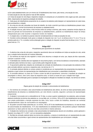 a) Em cada estabelecimento com um mínimo de 10 trabalhadores deve haver, pelo menos, uma secção de voto;
b) Cada secção de voto não pode ter mais de 500 votantes;
c) A mesa da secção de voto dirige a respectiva votação e é composta por um presidente e dois vogais que são, para esse
efeito, dispensados da respectiva prestação de trabalho.
4 - Cada grupo de trabalhadores proponente de um projecto de estatutos pode designar um representante em cada mesa,
para acompanhar a votação.
5 - As urnas de voto são colocadas nos locais de trabalho, de modo a permitir que todos os trabalhadores possam votar,
sem prejudicar o normal funcionamento da empresa ou estabelecimento.
6 - A votação inicia-se, pelo menos, trinta minutos antes do começo e termina, pelo menos, sessenta minutos depois do
termo do período de funcionamento da empresa ou estabelecimento, podendo os trabalhadores dispor do tempo
indispensável para votar durante o respectivo horário de trabalho.
7 - A votação deve, na medida do possível, decorrer simultaneamente em todas as secções de voto.
8 - Constitui contra-ordenação muito grave a violação do disposto nos n.os 1 ou 2, na alínea a) do n.º 3, no n.º 5 ou na
primeira parte do n.º 6, e constitui contra-ordenação grave a violação do disposto na parte final da alínea c) do n.º 3 ou na
parte final do n.º 6.
Artigo 432.º
Procedimento para apuramento do resultado
1 - A abertura das urnas de voto para o respectivo apuramento deve ser simultânea em todas as secções de voto, ainda
que a votação tenha decorrido em horários diferentes.
2 - Os membros da mesa de voto registam o modo como decorreu a votação em acta, que, depois de lida e aprovada,
rubricam e assinam a final.
3 - A identidade dos votantes deve ser registada em documento próprio, com termos de abertura e encerramento, assinado
e rubricado pelos membros da mesa, o qual constitui parte integrante da acta.
4 - O apuramento global das votações da constituição da comissão de trabalhadores e da aprovação dos estatutos é feito
pela comissão eleitoral, que lavra a respectiva acta, nos termos do n.º 2.
5 - A comissão eleitoral referida no número anterior é constituída por um representante dos proponentes de projectos de
estatutos e igual número de representantes dos trabalhadores que convocaram a assembleia constituinte.
6 - A comissão eleitoral, no prazo de 15 dias a contar da data do apuramento, comunica o resultado da votação ao
empregador e afixa-o, bem como cópia da respectiva acta, no local ou locais em que a votação teve lugar.
7 - Constitui contra-ordenação grave a oposição do empregador à afixação do resultado da votação, nos termos do número
anterior.
Artigo 433.º
Regras gerais da eleição de comissão e subcomissões de trabalhadores
1 - Os membros da comissão e das subcomissões de trabalhadores são eleitos, de entre as listas apresentadas pelos
trabalhadores da empresa ou estabelecimento, por voto directo e secreto, segundo o princípio de representação
proporcional.
2 - A eleição é convocada com a antecedência de 15 dias, ou prazo superior estabelecido nos estatutos, pela comissão
eleitoral constituída nos termos dos estatutos ou, na sua falta, por, no mínimo, 100 ou 20 % dos trabalhadores da empresa,
com ampla publicidade e menção expressa de data, hora, local e ordem de trabalhos, devendo ser remetida
simultaneamente cópia da convocatória ao empregador.
3 - Só podem concorrer listas subscritas por, no mínimo, 100 ou 20 % dos trabalhadores da empresa ou, no caso de listas
de subcomissões de trabalhadores, 10 % dos trabalhadores do estabelecimento, não podendo qualquer trabalhador
subscrever ou fazer parte de mais de uma lista concorrente à mesma estrutura.
4 - A eleição dos membros da comissão e das subcomissões de trabalhadores decorre em simultâneo, sendo aplicável o
disposto nos artigos 431.º e 432.º, com as necessárias adaptações.
5 - Na falta da comissão eleitoral eleita nos termos dos estatutos, a mesma é constituída por um representante de cada
uma das listas concorrentes e igual número de representantes dos trabalhadores que convocaram a eleição.
Artigo 434.º
Legislação Consolidada
Versão à data de 08-04-2021 Pág. 139 de 175
 