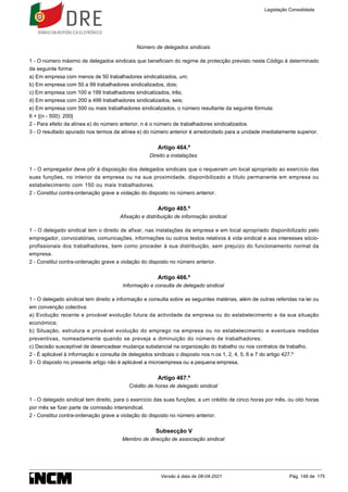 Número de delegados sindicais
1 - O número máximo de delegados sindicais que beneficiam do regime de protecção previsto neste Código é determinado
da seguinte forma:
a) Em empresa com menos de 50 trabalhadores sindicalizados, um;
b) Em empresa com 50 a 99 trabalhadores sindicalizados, dois;
c) Em empresa com 100 a 199 trabalhadores sindicalizados, três;
d) Em empresa com 200 a 499 trabalhadores sindicalizados, seis;
e) Em empresa com 500 ou mais trabalhadores sindicalizados, o número resultante da seguinte fórmula:
6 + [(n - 500): 200]
2 - Para efeito da alínea e) do número anterior, n é o número de trabalhadores sindicalizados.
3 - O resultado apurado nos termos da alínea e) do número anterior é arredondado para a unidade imediatamente superior.
Artigo 464.º
Direito a instalações
1 - O empregador deve pôr à disposição dos delegados sindicais que o requeiram um local apropriado ao exercício das
suas funções, no interior da empresa ou na sua proximidade, disponibilizado a título permanente em empresa ou
estabelecimento com 150 ou mais trabalhadores.
2 - Constitui contra-ordenação grave a violação do disposto no número anterior.
Artigo 465.º
Afixação e distribuição de informação sindical
1 - O delegado sindical tem o direito de afixar, nas instalações da empresa e em local apropriado disponibilizado pelo
empregador, convocatórias, comunicações, informações ou outros textos relativos à vida sindical e aos interesses sócio-
profissionais dos trabalhadores, bem como proceder à sua distribuição, sem prejuízo do funcionamento normal da
empresa.
2 - Constitui contra-ordenação grave a violação do disposto no número anterior.
Artigo 466.º
Informação e consulta de delegado sindical
1 - O delegado sindical tem direito a informação e consulta sobre as seguintes matérias, além de outras referidas na lei ou
em convenção colectiva:
a) Evolução recente e provável evolução futura da actividade da empresa ou do estabelecimento e da sua situação
económica;
b) Situação, estrutura e provável evolução do emprego na empresa ou no estabelecimento e eventuais medidas
preventivas, nomeadamente quando se preveja a diminuição do número de trabalhadores;
c) Decisão susceptível de desencadear mudança substancial na organização do trabalho ou nos contratos de trabalho.
2 - É aplicável à informação e consulta de delegados sindicais o disposto nos n.os 1, 2, 4, 5, 6 e 7 do artigo 427.º
3 - O disposto no presente artigo não é aplicável a microempresa ou a pequena empresa.
Artigo 467.º
Crédito de horas de delegado sindical
1 - O delegado sindical tem direito, para o exercício das suas funções, a um crédito de cinco horas por mês, ou oito horas
por mês se fizer parte de comissão intersindical.
2 - Constitui contra-ordenação grave a violação do disposto no número anterior.
Subsecção V
Membro de direcção de associação sindical
Legislação Consolidada
Versão à data de 08-04-2021 Pág. 148 de 175
 
