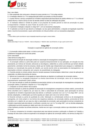 1.
fixar o seu objeto.
5 - Esta suspensão não conta para o cômputo do prazo previsto no n.º 5 do artigo anterior.
6 - A mediação referida no n.º 4 é assegurada pelo árbitro que presidiu ao tribunal arbitral.
7 - A parte informa o serviço competente do ministério responsável pela área laboral do pedido referido no n.º 1 e o tribunal
arbitral informa o mesmo serviço do teor da decisão arbitral na data de notificação das partes.
8 - O mediador elabora e remete às partes a sua proposta de revisão parcial ou total da convenção no prazo
correspondente a metade do prazo fixado de acordo com o n.º 4.
9 - É aplicável à mediação o disposto no artigo 527.º, com as necessárias adaptações.
10 - É aplicável, ao local em que decorre a mediação e ao seu apoio administrativo, o disposto em legislação específica
sobre o local de funcionamento e apoio administrativo do tribunal arbitral, com as necessárias adaptações.
Notas
Produz efeitos a partir da entrada em vigor de legislação específica que regular a mesma matéria.
Alterações
Aditado pelo/a Artigo 6.º do/a Lei n.º 93/2019 - Diário da República n.º 169/2019, Série I de 2019-09-04, em vigor a partir de 2019-10-01
Artigo 502.º
Cessação e suspensão da vigência de convenção coletiva
1 - A convenção coletiva pode cessar, no todo ou em parte:
a) Mediante revogação por acordo das partes;
b) Por caducidade:
i) Nos termos do artigo 501.º;
ii) Decorrente de extinção de associação sindical ou associação de empregadores outorgantes.
2 - A convenção coletiva ou parte dela pode ser suspensa temporariamente na sua aplicação, em situação de crise
empresarial, por motivos de mercado, estruturais ou tecnológicos, catástrofes ou outras ocorrências que tenham afetado
gravemente a atividade normal da empresa, desde que tal medida seja indispensável para assegurar a viabilidade da
empresa e a manutenção dos postos de trabalho, por acordo escrito entre as associações de empregadores e as
associações sindicais outorgantes sem prejuízo da possibilidade de delegação.
3 - O acordo previsto no número anterior deve ter menção expressa à fundamentação e determinar o prazo de aplicação da
suspensão e os efeitos decorrentes da mesma.
4 - Aplicam-se à suspensão e à revogação as regras referentes ao depósito e à publicação de convenção coletiva.
5 - A suspensão e a revogação prejudicam os direitos decorrentes da convenção, salvo se na mesma forem
expressamente ressalvados pelas partes.
6 - Em caso de extinção ou perda da qualidade de associação sindical ou de associação de empregadores outorgantes de
convenção coletiva, é aplicável o disposto no n.º 8 do artigo 501.º
7 - O disposto no número anterior não se aplica:
a) Havendo extinção ou perda da qualidade de associação de empregadores outorgante de contrato coletivo, promovida de
forma voluntária com o objetivo de, por essa via, obter a caducidade da convenção, após apreciação do serviço
competente do ministério responsável pela área laboral, e verificado o previsto nos n.os 4 a 7 do artigo 456.º, com as
devidas adaptações, a deliberação que tenha aquelas por objeto será nula e de nenhum efeito;
b) Havendo extinção ou perda da qualidade de união, federação ou confederação sindical ou de empregadores
outorgantes, em nome próprio e nos termos dos respetivos estatutos, de convenção coletiva, promovida de forma
voluntária com o objetivo de, por essa via, obter a caducidade da convenção, após apreciação do serviço competente do
ministério responsável pela área laboral, e verificado o previsto nos n.os 4 a 7 do artigo 456.º, com as devidas adaptações,
a deliberação que tenha aquelas por objeto será nula e de nenhum efeito;
c) Nas hipóteses previstas nas alíneas anteriores, manter-se-á em vigor a convenção coletiva cuja caducidade se intentou
promover.
8 - O serviço competente do ministério responsável pela área laboral procede à publicação no Boletim do Trabalho e
Emprego de aviso sobre a data da suspensão e da cessação da vigência de convenção coletiva, nos termos do artigo 501.º
Alterações
Alterado pelo/a Artigo 2.º do/a Lei n.º 93/2019 - Diário da República n.º 169/2019, Série I de 2019-09-04, em vigor a partir de 2019-10-01
Alterado pelo/a Artigo 2.º do/a Lei n.º 55/2014 - Diário da República n.º 162/2014, Série I de 2014-08-25, em vigor a partir de 2014-09-01
Legislação Consolidada
Versão à data de 08-04-2021 Pág. 159 de 175
 